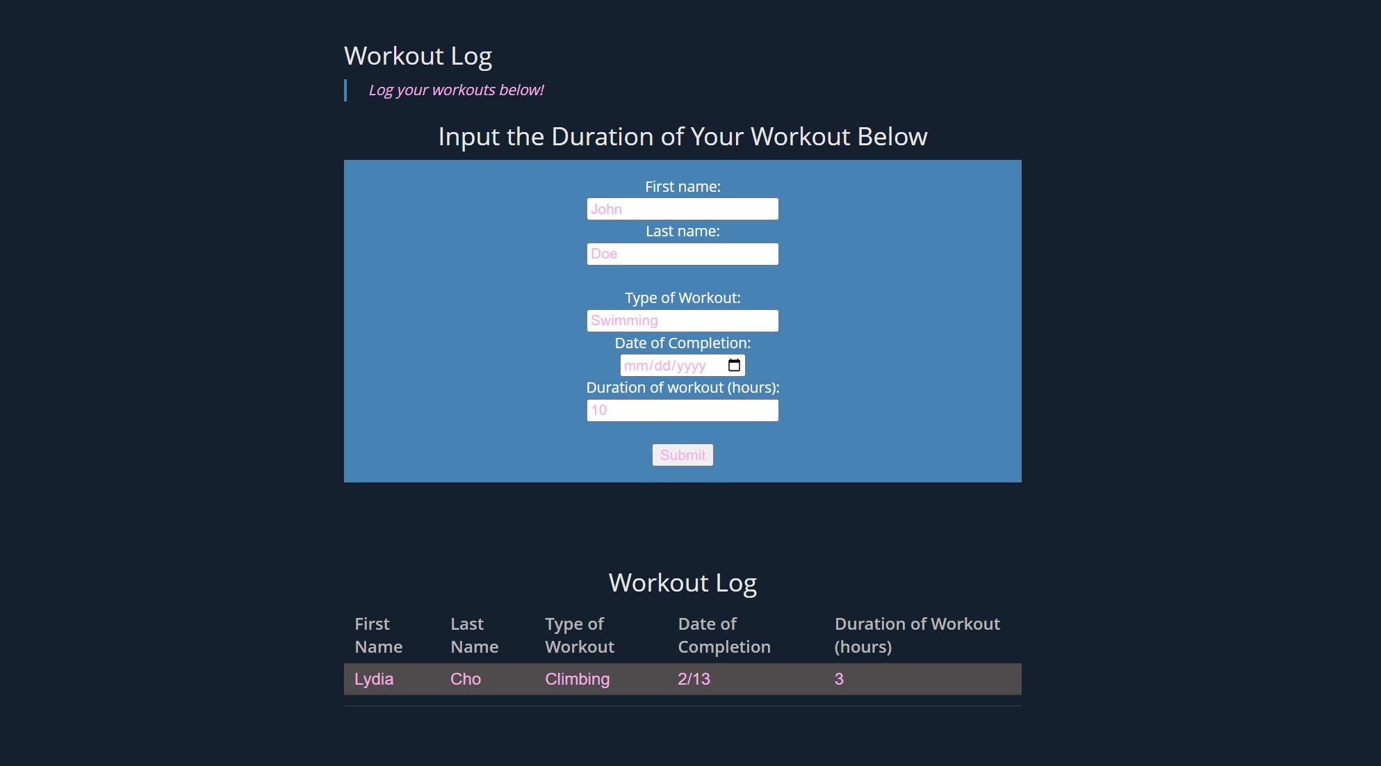 Workout Log Frontend